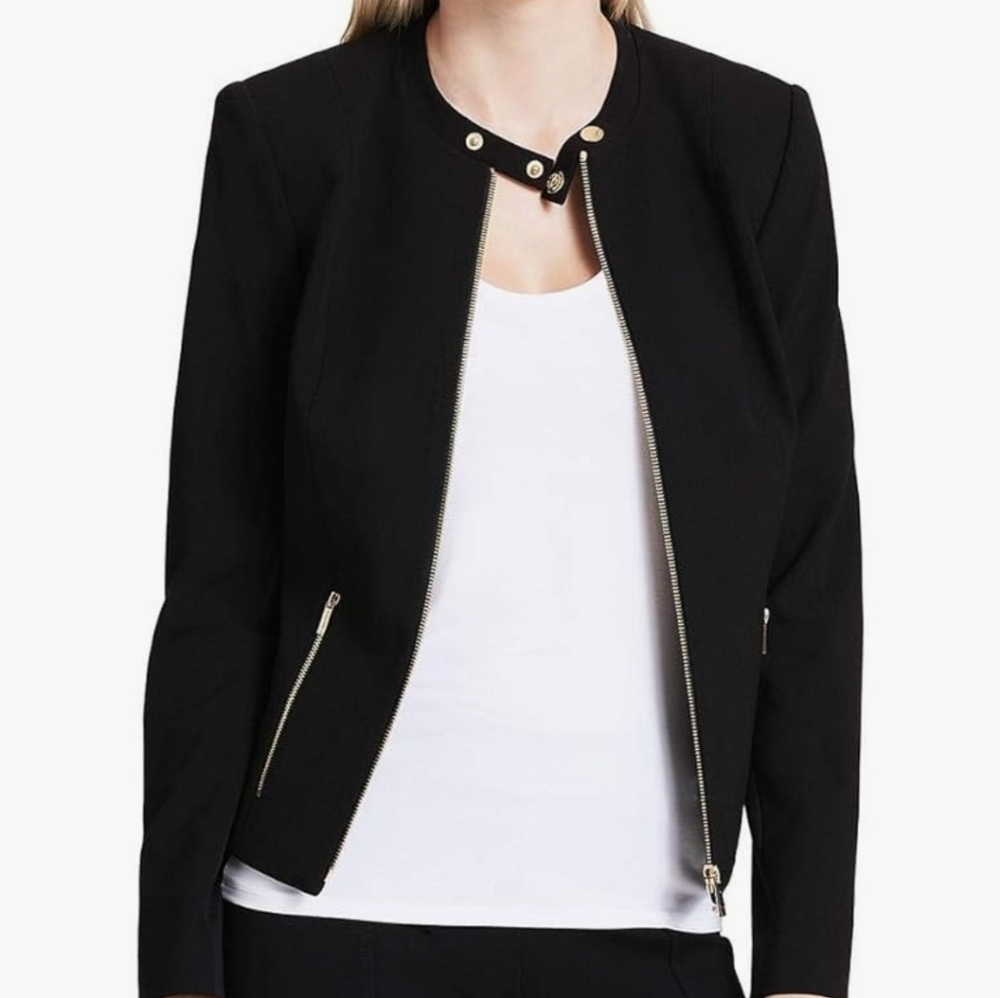 Calvin Klein Women Full Zip Snap Neck Navy Jacket Blazer Office Sz 10
